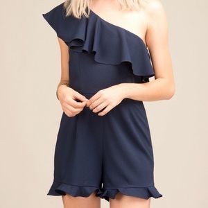 J by Joa Blue Women's One Shoulder Ruffled Romper